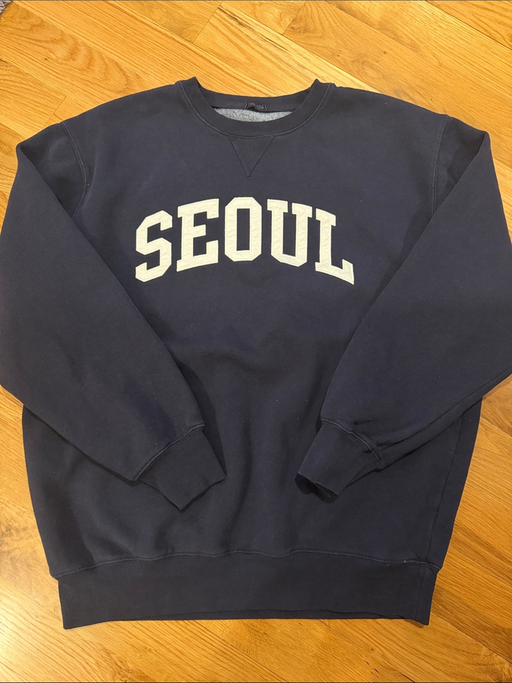 Brandy Melville Navy Crewneck Sweatshirt with 'SEOUL' Chest Logo Size S